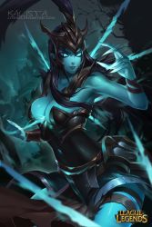 Rule 34 | 1girl, alternate breast size, blue skin, breasts, citemer, cleavage, colored skin, glowing, glowing eyes, kalista, large breasts, league of legends, long hair, polearm, solo focus, spear, weapon