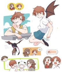 Rule 34 | 3boys, animal ears, black footwear, blue shorts, blush, brown eyes, brown hair, cat ears, closed eyes, dong dong (the legend of luoxiaohei), highres, long hair, luo xiaohei, luo xiaohei (human), luo xiaohei zhanji, luozhu (the legend of luoxiaohei), multiple boys, multiple views, open mouth, profile, red eyes, sandals, sen juge, shirt, short hair, short sleeves, shorts, smile, white hair, white shirt, wings