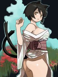Rule 34 | 1girl, animal ears, asagiri no miko, ass, black hair, breasts, brown eyes, brown sash, cat ears, cat girl, cat tail, closed mouth, commentary request, cowboy shot, flower, japanese clothes, kimono, koma (asagiri no miko), large breasts, looking at viewer, looking back, multiple tails, no panties, obi, off shoulder, red flower, sash, short hair, solo, spider lily, tail, two tails, yagi noboru
