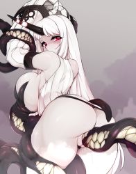 Rule 34 | 1girl, abyssal ship, ass, bad id, bad twitter id, blush, grabbing another&#039;s breast, breasts, claws, colored skin, commentary, detached sleeves, dress, grabbing, highres, horns, kantai collection, large breasts, long hair, long sleeves, pale skin, pussy juice, red eyes, restrained, ribbed dress, ribbed sweater, seaport princess, sharp teeth, single horn, slugbox, solo, solo focus, sweat, sweater, sweater dress, tearing up, teeth, tentacle sex, tentacles, uncensored, very long hair, white dress, white hair, white skin