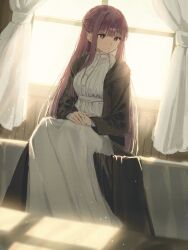 Rule 34 | 1girl, absurdres, backlighting, bed, bedroom, black coat, blunt bangs, coat, commentary request, curtains, dress, expressionless, fern (sousou no frieren), highres, light particles, light rays, long hair, long sleeves, looking to the side, muntins, on bed, open clothes, open coat, own hands together, purple hair, rinzawa, sitting, solo, sousou no frieren, white dress, window