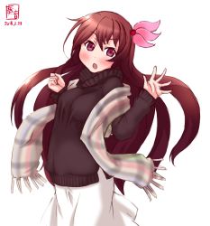 Rule 34 | 1girl, alternate costume, black sweater, brown hair, commentary request, cowboy shot, dated, hair ornament, highres, kanon (kurogane knights), kantai collection, kisaragi (kancolle), logo, long hair, looking at viewer, multicolored clothes, multicolored scarf, purple eyes, scarf, simple background, skirt, solo, sweater, white background, white skirt
