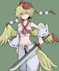 Rule 34 | 1girl, bird wings, blonde hair, closed mouth, cosplay, detached sleeves, fe (tetsu), green background, hat, highres, holding, holding sword, holding weapon, inubashiri momiji, inubashiri momiji (cosplay), looking at viewer, multicolored hair, navel, niwatari kutaka, pants, pom pom (clothes), red eyes, red hair, red hat, ribbon-trimmed sleeves, ribbon trim, shirt, simple background, solo, standing, sword, tokin hat, touhou, two-tone hair, weapon, white pants, white shirt, wide sleeves, wings, yellow wings