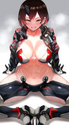 Rule 34 | 1girl, android, black hair, blush, breasts, butterfly sitting, collarbone, cropped jacket, ear piercing, earrings, gloves, gradient hair, grin, highres, hololive, jewelry, large breasts, looking at viewer, looking up, mechanical arms, mechanical legs, multicolored hair, navel, no pants, no shirt, nuezou, piercing, red hair, revealing clothes, roboco-san, roboco-san (1st costume), short hair, sitting, smile, solo, stomach, stud earrings, sweat, teeth, thick thighs, thighs, two-tone hair, virtual youtuber, yellow eyes