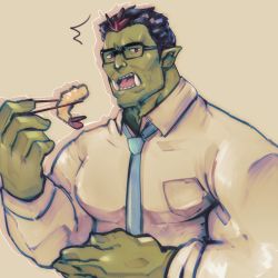 Rule 34 | 1boy, absurdres, bara, black-framed eyewear, chopsticks, colored skin, copyright request, eating, fangs, glasses, green skin, highres, large pectorals, looking at viewer, male focus, mature male, monster boy, muscular, muscular male, necktie, open mouth, orc, pectorals, rondon, salaryman, shirt, short hair, shrimp, sideburns, solo, tight clothes, tight shirt, upper body, virtual youtuber, ya su yu ki