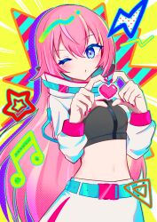 Rule 34 | 1girl, absurdres, aqua belt, blue eyes, closed mouth, commentary request, crop top, hair between eyes, hands up, heart, heart hands, high collar, highres, jacket, light blush, long hair, long sleeves, looking at viewer, magical mirai (vocaloid), magical mirai luka, magical mirai luka (2023), megurine luka, midriff, monitaros 393, musical note, navel, one eye closed, pink hair, pink nails, skirt, solo, star (symbol), upper body, vocaloid, white jacket, white skirt