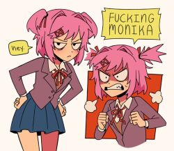 Rule 34 | 1girl, clenched hands, clenched teeth, doki doki literature club, frown, hair intakes, hair raising, hand on own hip, looking at viewer, marreeps, natsuki (doki doki literature club), pink hair, pleated skirt, profanity, school uniform, shaded face, sharp teeth, short hair, short twintails, skirt, solo, speech bubble, steam, teeth, twintails, white background