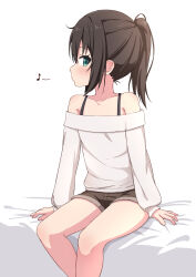 Rule 34 | 1girl, aqua eyes, bare shoulders, black hair, blush, brown shorts, closed mouth, clothing cutout, collarbone, commentary request, eighth note, feet out of frame, highres, long sleeves, musical note, original, ponytail, puffy long sleeves, puffy sleeves, short hair, short shorts, shorts, shoulder cutout, sitting, solo, sweater, takasuma hiro, white sweater