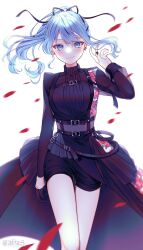 Rule 34 | 1girl, absurdres, black gloves, black nails, black ribbon, black shorts, black skirt, blue eyes, blue hair, blush, closed mouth, earrings, falling petals, floating hair, floral print, gloves, hair ribbon, half gloves, hand up, high ponytail, highres, hololive, hoshimachi suisei, hoshimachi suisei (shout in crisis), hoshinose, jewelry, official alternate costume, petals, ribbon, rose print, short shorts, shorts, single glove, skirt, solo, star (symbol), star in eye, symbol in eye, thighs, virtual youtuber