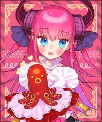 Rule 34 | 1girl, bare shoulders, black dress, blue eyes, blush, breasts, curled horns, dragon girl, dragon horns, dress, elizabeth bathory (fate), fate/extra, fate (series), food, food art, hair ribbon, horns, long hair, looking to the side, open mouth, pink hair, pointy ears, ribbon, sara (kurome1127), small breasts, solo, two side up