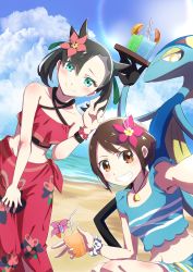 Rule 34 | 2girls, absurdres, asymmetrical bangs, beach, bikini, black hair, blue bikini, blue sky, blush, bracelet, breasts, brown eyes, brown hair, choker, closed mouth, cloud, creatures (company), cup, drink, drinking glass, drinking straw, flower, flower bracelet, food, fruit, game freak, gen 8 pokemon, gloria (pokemon), gloria (summer 2021) (pokemon), green eyes, green ribbon, group picture, hair flower, hair ornament, hair ribbon, halterneck, hibiscus, highres, holding, holding tray, inteleon, jewelry, leaning to the side, lens flare, looking at viewer, marnie (pokemon), marnie (summer 2021) (pokemon), medium hair, multiple girls, navel, necklace, negimiso1989, nintendo, ocean, official alternate costume, orange (fruit), orange slice, pink flower, pokemon, pokemon (creature), pokemon masters ex, red bikini, red flower, ribbon, sand, sarong, scrunchie, selfie, shadow, shell, shell necklace, short hair, sky, small breasts, smile, squatting, sunlight, swimsuit, teeth, tray, twintails, two side up, v, water, wrist scrunchie, wristband