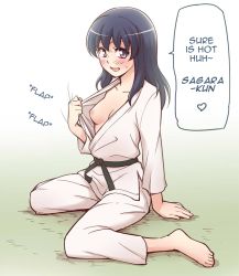 Rule 34 | 1girl, :d, barefoot, belt, black belt, blue hair, blush, breasts, collarbone, dougi, happinesscharge precure!, hard-translated, hikawa maria, japanese clothes, long hair, long sleeves, martial arts belt, nipples, ogry ching, open mouth, pants, precure, sketch, small breasts, smile, solo, speech bubble, straight hair, sweatdrop, third-party edit, translated, white pants