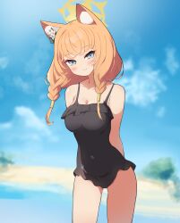 Rule 34 | 1girl, absurdres, animal ear fluff, animal ears, aqua eyes, arms behind back, beach, black one-piece swimsuit, blue archive, blue sky, blurry, braid, cat ears, cat girl, cloud, cloudy sky, commentary, depth of field, flower, frilled one-piece swimsuit, frills, hair between eyes, hair flower, hair ornament, hair tubes, halo, highres, horizon, kittenlochen, leaning forward, long hair, looking at viewer, mari (blue archive), mari (swimsuit) (blue archive), ocean, official alternate costume, official alternate hairstyle, one-piece swimsuit, orange hair, outdoors, sidelocks, single braid, sky, solo, swimsuit