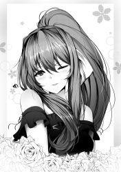 Rule 34 | 1girl, absurdres, bare shoulders, commentary, doki doki literature club, flower, greyscale, hair between eyes, hair ribbon, heart, highres, long hair, looking at viewer, monika (doki doki literature club), monochrome, one eye closed, parted lips, ponytail, ribbon, sidelocks, simple background, smile, solo, tsukimaru, upper body
