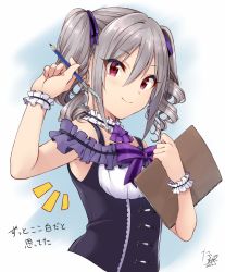 Rule 34 | 1girl, arm up, armpit peek, bare shoulders, black shirt, breasts, closed mouth, cropped torso, curly hair, dated, feathers, framed breasts, frills, grey hair, hair between eyes, hair ribbon, hand up, holding, holding notebook, holding pencil, idolmaster, idolmaster cinderella girls, kanzaki ranko, long hair, looking at viewer, notebook, notice lines, pencil, purple ribbon, red eyes, ribbon, shirt, sidelocks, signature, sleeveless, sleeveless shirt, smile, solo, tarachine, translation request, twintails, wristband