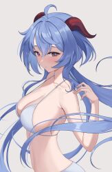 Rule 34 | 1girl, absurdres, ahoge, bare shoulders, blue hair, blush, breasts, brown eyes, cleavage, commentary request, ganyu (genshin impact), genshin impact, hand up, highres, horns, large breasts, long hair, looking at viewer, rinrasetsu, solo, stomach, upper body, very long hair