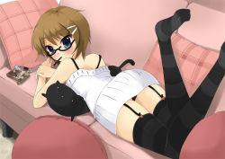 Rule 34 | 1girl, bare shoulders, black panties, blue eyes, brown hair, candy, couch, food, garter belt, glasses, hair ornament, hairclip, haru (matatabi sanjou), looking back, lying, mouth hold, on stomach, original, panties, pantyshot, pillow, pocky, short hair, solo, striped clothes, striped thighhighs, thighhighs, underwear