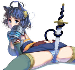 Rule 34 | 1girl, :o, ahoge, animal ears, ass, ass cutout, blue hair, breasts, butt crack, cat ears, clothing cutout, highres, kouno (masao), large breasts, looking at viewer, looking back, original, panties, sideboob, simple background, solo, spread legs, striped clothes, striped panties, sword, thighhighs, thighs, underwear, weapon, white background