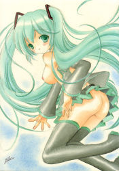 Rule 34 | 10s, 1girl, 2012, asapon, ass, boots, breasts, dated, detached sleeves, green eyes, green hair, hatsune miku, long hair, matching hair/eyes, no bra, no panties, open clothes, open shirt, shirt, signature, skirt, solo, thigh boots, thighhighs, traditional media, twintails, very long hair, vocaloid
