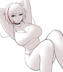 Rule 34 | 1girl, armpits, arms behind head, black choker, breasts, choker, cleavage, exy exii, feet out of frame, hair between eyes, honkai: star rail, honkai (series), knees together feet apart, large breasts, looking at viewer, lying, multicolored hair, on back, open mouth, panties, partially colored, pillow, red hair, simple background, smile, solo, streaked hair, tank top, teeth, topaz (honkai: star rail), underwear
