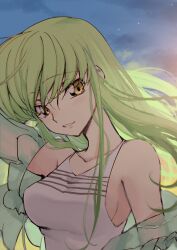 Rule 34 | 1girl, bare shoulders, breasts, c.c., closed mouth, code geass, collarbone, creayus, dress, eyebrows hidden by hair, green hair, hair between eyes, hand up, large breasts, long hair, looking at viewer, parted lips, shirt, sideboob, sky, smile, solo, upper body, white dress, white shirt, yellow eyes