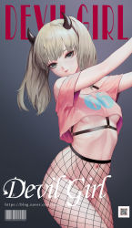 Rule 34 | 1girl, arms up, artist name, barcode, bare shoulders, black legwear, blonde hair, breasts, closed mouth, cover, cowboy shot, crop top, demon horns, english text, fake cover, fishnet legwear, fishnets, gradient background, grey background, harness, highres, horns, long hair, looking at viewer, navel, no bra, no panties, number print, off-shoulder shirt, off shoulder, original, pink shirt, qr code, shirt, short sleeves, small breasts, twintails, underboob, watermark, web address, y.i. (lave2217)