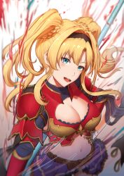 Rule 34 | 1girl, :d, armor, bikini armor, black hairband, blonde hair, blue eyes, breasts, cleavage, commentary request, er gou daoren, gauntlets, granblue fantasy, hair intakes, hairband, hand on own hip, holding, holding polearm, holding weapon, large breasts, long hair, looking at viewer, miniskirt, open mouth, polearm, red armor, skirt, smile, solo, twintails, weapon, zeta (granblue fantasy)
