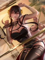 Rule 34 | 1boy, 1girl, artist name, bald, bent over, black dress, black hair, blush, breast press, breasts, clothed female nude male, dagger, defeat, dress, flower, from below, furrowed brow, glass table, gold hairband, hair flower, hair ornament, hairband, highres, imminent rape, knife, large breasts, liang xing, long hair, mole, mole on breast, muscular, muscular male, nude, one eye closed, open mouth, patreon username, red eyes, rose, sidelocks, skindentation, spy x family, stiletto (weapon), table, taut clothes, taut dress, torn clothes, torn legwear, torso grab, two-tone dress, watermark, weapon, web address, yor briar