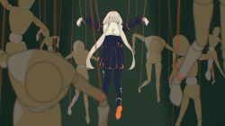 Rule 34 | 1girl, 6+others, album cover, ankle boots, arms up, back, black footwear, black pantyhose, black serafuku, black shirt, black skirt, bob cut, boots, bound, commentary, cover, dark green background, dated commentary, dorei janai nara nan desu ka, dummy, facing viewer, from behind, green background, hair ornament, hair tubes, hands up, hanging, highres, light brown hair, long hair, long sleeves, looking afar, looking ahead, looking down, low twintails, multiple others, official art, omutatsu, outstretched arms, pantyhose, pleated skirt, restrained, sailor collar, school uniform, second-party source, serafuku, shirt, skirt, solo focus, spread arms, string, suspension, tied up (nonsexual), tuyu (band), twintails, very long hair, white hair, white sailor collar, white wrist cuffs, wrist cuffs