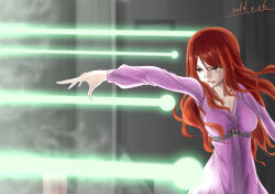 Rule 34 | 1girl, attack, belt, breasts, brown eyes, brown hair, chest belt, commentary request, dated, dress, energy, energy ball, energy beam, evil smile, firing, glowing, grey background, grey belt, highres, indoors, large breasts, long hair, long sleeves, looking to the side, mu- (tel445566), mugino shizuri, official alternate color, open mouth, outstretched arm, plasma, psychic, purple dress, smile, solo, toaru kagaku no railgun, toaru kagaku no railgun s, toaru majutsu no index, underbust, upper body, v-shaped eyebrows, wall