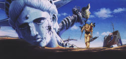 Rule 34 | 1boy, blue sky, cloud, day, desert, full body, m.d. geist, mds-02 geist, no entry sign, outdoors, post-apocalypse, retro artstyle, road sign, ruins, sign, sky, solo, statue, statue of liberty, tagme, walking, weapon