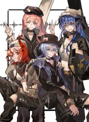 Rule 34 | 1boy, 3girls, andoain (arknights), arknights, beanie, beret, black headwear, black jacket, black pants, black shirt, blue eyes, blue hair, breasts, chuichuihuahewu, cleavage, closed mouth, collarbone, commentary request, feet out of frame, fiammetta (arknights), grey hair, grin, hand on another&#039;s shoulder, hat, highres, jacket, lemuen (arknights), long hair, mostima (arknights), multiple girls, navel, one eye closed, open clothes, open jacket, pants, parted lips, pink eyes, pink hair, red eyes, red hair, shirt, simple background, sitting, small breasts, smile, v, very long hair, white background, white headwear