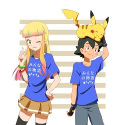 Rule 34 | 1boy, 1girl, ash ketchum, black hair, blue shirt, brown eyes, brown skirt, cowboy shot, creatures (company), fingerless gloves, game freak, gen 1 pokemon, gloves, green eyes, hand on own hip, highres, lipstick, long hair, looking at viewer, makeup, matching outfits, multicolored hair, nail polish, nintendo, no headwear, on head, one eye closed, over-kneehighs, pikachu, pokemon, pokemon (anime), pokemon (creature), pokemon the movie: the power of us, pokemon on head, red nails, risa (pokemon), scrunchie, shirt, short hair, short sleeves, skirt, smile, spiked hair, striped, striped background, thighhighs, wrist scrunchie