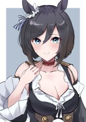 1girl absurdres animal_ears black_hair blue_eyes blush bob_cut border breasts choker cleavage ear_scrunchie eishin_flash_(umamusume) grey_background hair_between_eyes highres horse_ears horse_girl large_breasts long_sleeves looking_at_viewer ponimeri red_choker scrunchie short_hair simple_background smile solo swept_bangs umamusume upper_body white_border white_scrunchie