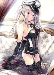 Rule 34 | 1girl, adapted costume, anchor, arms behind back, bare shoulders, bdsm, black corset, black gloves, black panties, black thighhighs, blonde hair, blue eyes, blush, bondage, bound, breasts, cleavage, collarbone, commentary request, corset, couch, cross, cuffs, dress, garter straps, gloves, graf zeppelin (kancolle), hair between eyes, handcuffs, hat, high heels, high ponytail, highres, indoors, iron cross, kantai collection, kneeling, kobayashi chisato, large breasts, lingerie, long hair, looking at viewer, necktie, panties, parted lips, peaked cap, purple eyes, red necktie, sidelocks, signature, sleeveless, sleeveless dress, solo, thighhighs, twintails, underwear, white background, white hat
