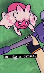 Rule 34 | 1girl, 1other, commentary, creatures (company), english text, game freak, go do a crime (meme), grass, hammer, highres, holding, holding weapon, meme, nintendo, no humans, pokemon, pokemon (creature), simple background, smile, tinkaton, weapon