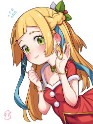 Rule 34 | 1girl, blonde hair, blush, bracelet, braid, breasts, closed mouth, commentary request, cosplay, covered navel, creatures (company), dress, earrings, eyelashes, flying sweatdrops, game freak, glint, green eyes, hair ornament, hands up, highres, jewelry, kinocopro, lillie (pokemon), long hair, medium breasts, nessa (holiday 2021) (pokemon), nessa (holiday 2021) (pokemon) (cosplay), nessa (pokemon), nessa (pokemon) (cosplay), nintendo, pokemon, pokemon masters ex, pokemon sm, red dress, simple background, small breasts, smile, solo, upper body, white background