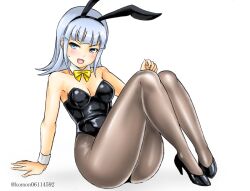 Rule 34 | 1girl, animal ears, black leotard, blue eyes, blue hair, blush, bow, bowtie, covered navel, detached collar, embarrassed, fake animal ears, grey pantyhose, hatsukaze (kancolle), hime cut, kantai collection, kudou (ooabareteng), leotard, long hair, looking at viewer, neckerchief, open mouth, pantyhose, playboy bunny, rabbit ears, rabbit tail, side-tie leotard, sitting, solo, strapless, strapless leotard, tail, traditional bowtie, twitter username, wrist cuffs, yellow neckerchief