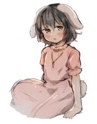 Rule 34 | 1girl, animal ears, black hair, blush, carrot, carrot necklace, dress, floppy ears, hair between eyes, inaba tewi, jewelry, looking at viewer, necklace, open mouth, pink dress, puffy short sleeves, puffy sleeves, rabbit ears, rabbit girl, rabbit tail, short hair, short sleeves, simple background, sitting, solo, tail, touhou, tsukiori, white background