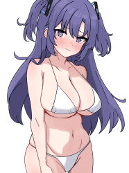 Rule 34 | 1girl, absurdres, bikini, blue archive, blue eyes, blush, breasts, cleavage, closed mouth, hair ornament, heart, heart-shaped pupils, highres, large breasts, long hair, looking at viewer, navel, purple hair, short twintails, simple background, solo, standing, swimsuit, symbol-shaped pupils, tori no shigure ni, twintails, white background, white bikini, yuuka (blue archive)
