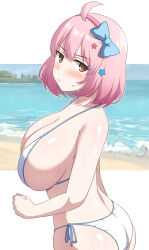Rule 34 | 1girl, ahoge, ass, bare shoulders, beach, bikini, blue bow, blush, bow, breasts, chieru (princess connect!), closed mouth, collarbone, day, from behind, from side, hair bow, hairband, hat ornament, highres, huge breasts, looking at viewer, ocean, outdoors, pink hair, princess connect!, side-tie bikini bottom, sideboob, solo, star (symbol), star hat ornament, star in eye, string bikini, swimsuit, symbol in eye, twisted torso, water, wet, wet hair, white bikini, yue (show-ei)