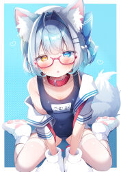 Rule 34 | 1girl, absurdres, ahoge, animal ear fluff, animal ears, animal feet, animal hands, blue background, blue eyes, blue hair, blue one-piece swimsuit, blush, bow, collar, glasses, hair bow, hair ornament, hairclip, heterochromia, highres, komugi (2212), looking at viewer, medium hair, one-piece swimsuit, open mouth, original, red-framed eyewear, school swimsuit, school uniform, serafuku, simple background, sitting, solo, swimsuit, tail, thighhighs, wariza, white thighhighs, yellow eyes