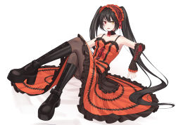 Rule 34 | 1girl, absurdres, asymmetrical hair, black choker, black footwear, black hair, black pantyhose, black sleeves, boots, breasts, choker, cleavage, clock eyes, collarbone, crossed legs, date a live, detached sleeves, dress, female focus, frilled dress, frilled sleeves, frills, full body, goth fashion, gothic lolita, hairband, heterochromia, highres, huge filesize, knee boots, lolita fashion, lolita hairband, long dress, long hair, looking at viewer, myeongdo, open mouth, orange dress, pantyhose, red eyes, red ribbon, ribbon, ribbon-trimmed sleeves, ribbon trim, shiny skin, simple background, sleeveless, sleeveless dress, sleeves past wrists, small breasts, smile, solo, symbol-shaped pupils, tokisaki kurumi, twintails, very long hair, white background, yellow eyes
