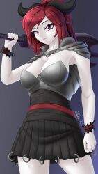 Rule 34 | 1girl, absurdres, armor, axe, black skirt, breasts, cleavage, colored skin, cuffs, highres, horns, jewelry, looking at viewer, medium breasts, original, ponytail, red eyes, red hair, ring, simple background, skirt, solo, takie arts, white skin