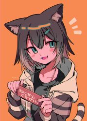 Rule 34 | 1girl, animal ear fluff, animal ears, black shirt, blue eyes, blush stickers, brown hair, cat ears, cat girl, cat tail, collarbone, colored tips, commentary, fish hair ornament, fumino tamaki, fumino tamaki (1st costume), hair ornament, hands up, head tilt, highres, hood, hood down, hoodie, long sleeves, looking at viewer, menma (enaic31), multicolored hair, nijisanji, notice lines, open clothes, open hoodie, orange background, shirt, short hair, sign, sign around neck, simple background, solo, t-shirt, tail, twitter username, upper body, virtual youtuber