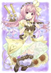 Rule 34 | 1girl, atelier (series), atelier lydie &amp; suelle, bad id, bad pixiv id, blush, boots, bow, bowtie, flower, gun, hairband, long hair, miyama leaves, pink eyes, pink hair, potion, solo, sparkle, suelle marlen, sunflower, thighhighs, weapon, white background