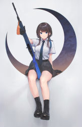 Rule 34 | 1girl, bare legs, battle rifle, belt, black footwear, black gloves, black skirt, blue eyes, blue necktie, boots, brown hair, combat boots, cross-laced footwear, genso, gloves, gun, highres, lace-up boots, looking at viewer, m14, necktie, original, rifle, shirt, shirt tucked in, short sleeves, sitting, skirt, smile, solo, weapon, white shirt