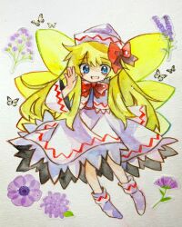 Rule 34 | 1girl, blonde hair, blue eyes, blush, bow, bug, butterfly, dress, fairy, fairy wings, flower, full body, hair bow, hand up, hat, highres, insect, key747h, lily white, long hair, long sleeves, looking at viewer, no shoes, open mouth, painting (medium), purple flower, red bow, simple background, smile, socks, solo, sticker, touhou, traditional media, watercolor (medium), white background, white dress, white hat, white socks, wide sleeves, wings, yellow wings