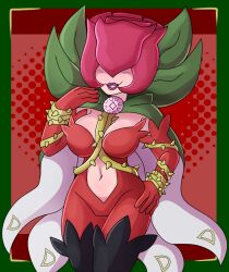 Rule 34 | 1girl, between breasts, bodysuit, breasts, cape, clothing cutout, covered eyes, digimon, digimon (creature), flower, highres, large breasts, lipstick, makeup, mask, navel, navel cutout, petals, rosemon, solo