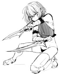 Rule 34 | 1girl, ahoge, bandaged arm, bandages, bare shoulders, closed mouth, dual wielding, elbow gloves, fate/apocrypha, fate (series), frown, gloves, greyscale, holding, holding sword, holding weapon, j.k., jack the ripper (fate/apocrypha), looking at viewer, monochrome, on one knee, pants, reverse grip, short hair, simple background, sketch, solo, sword, thighhighs, weapon, white background